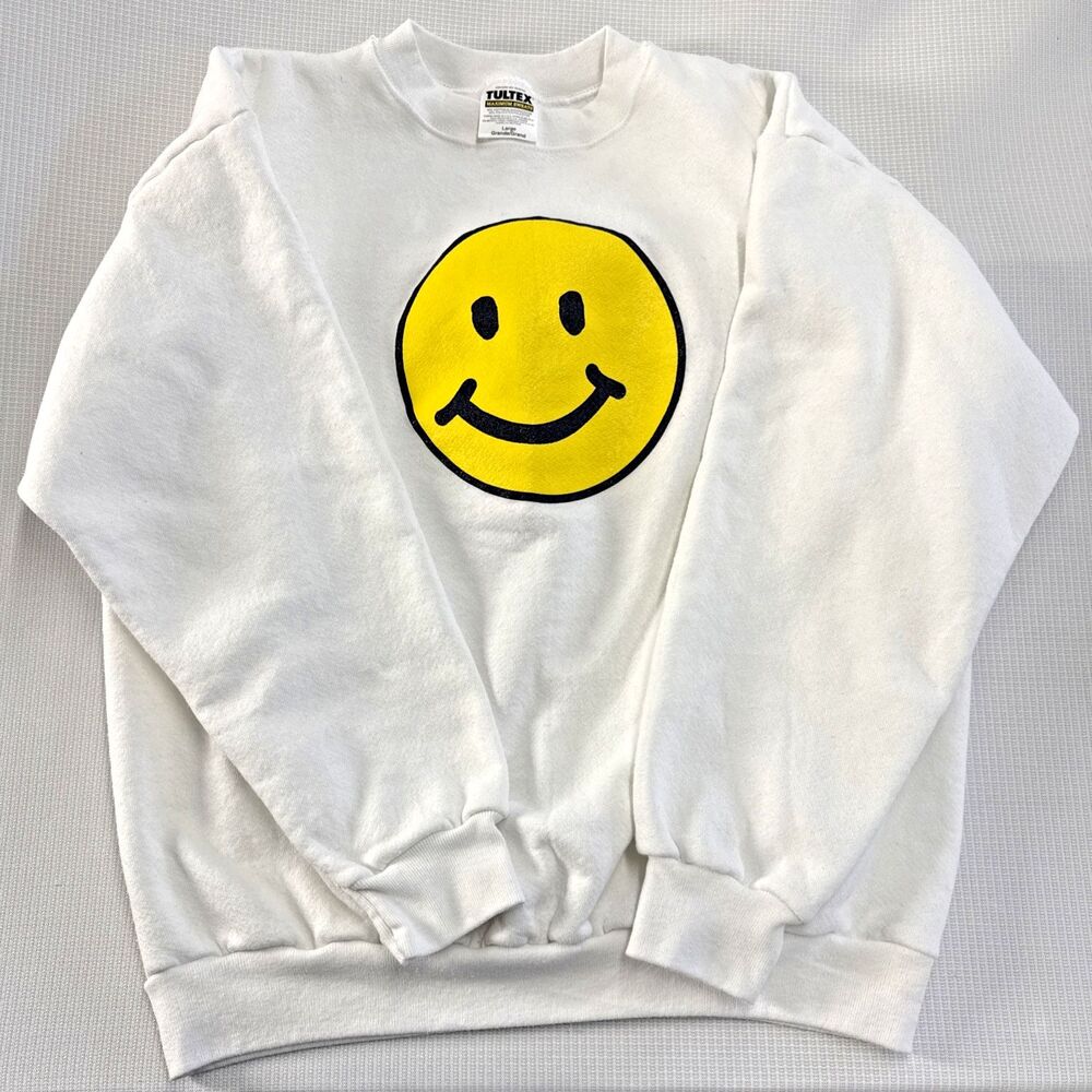 Vintage 90s Tultex Classic Yellow Smiley Face Crewneck Sweatshirt - Large